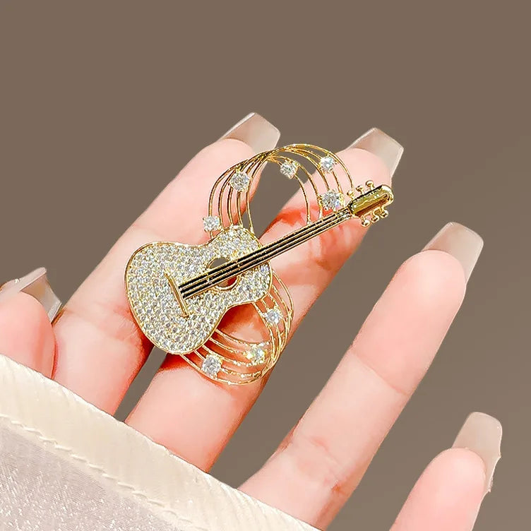 Sparkling Guitar & Music Staff Brooch Pin