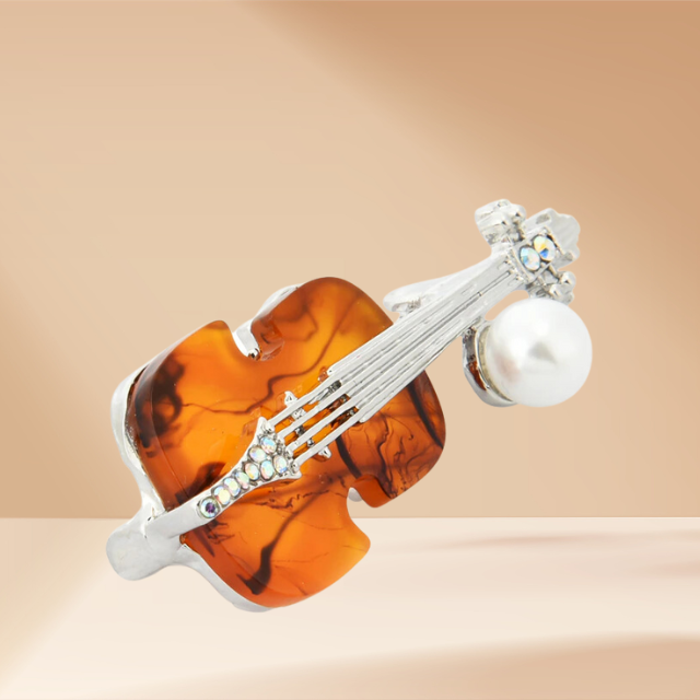 Violin Rhinestone Pearl Brooch