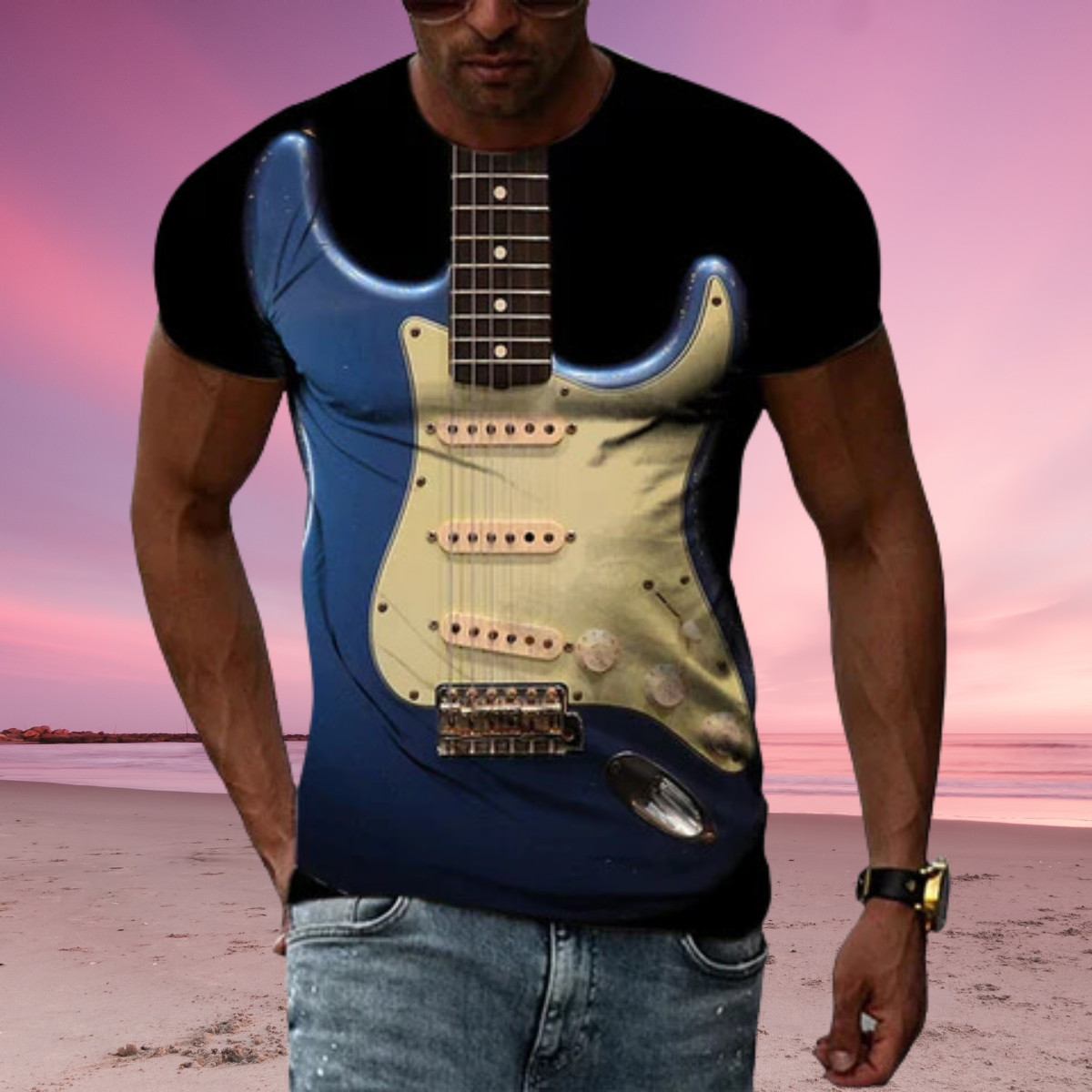 3D Guitar Round Neck T-shirt