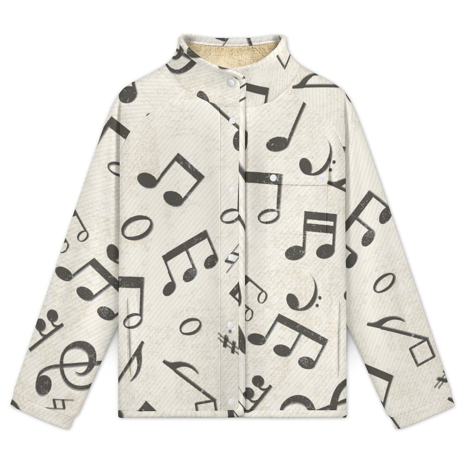 Music Pattern Beige Women's Stand Collar Fleece Jacket