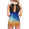 Big Treble Clef High Neck Mesh Ruched Swimsuit