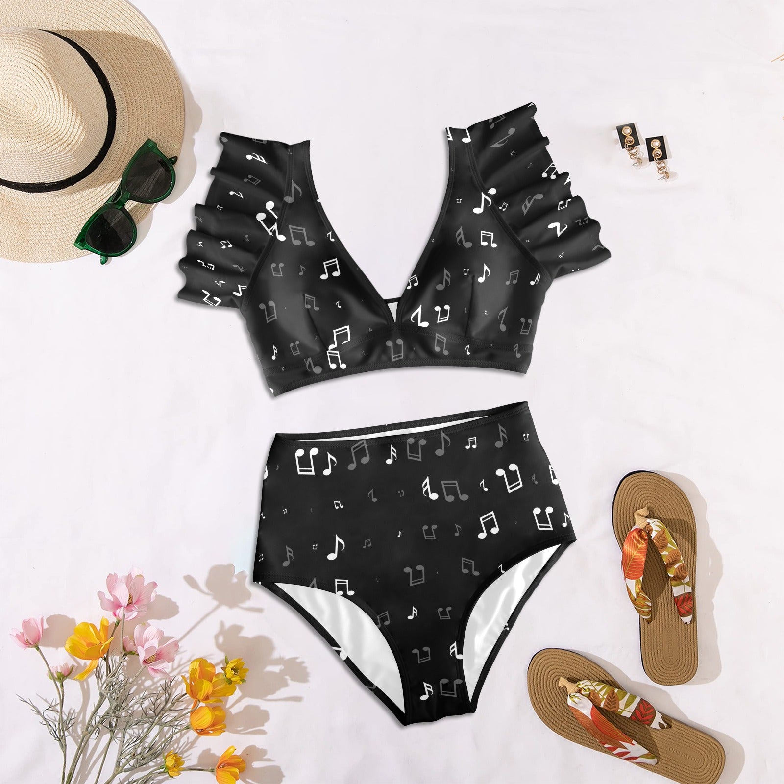 Dark Tone Music Notes Ruffle Sleeve Bikini