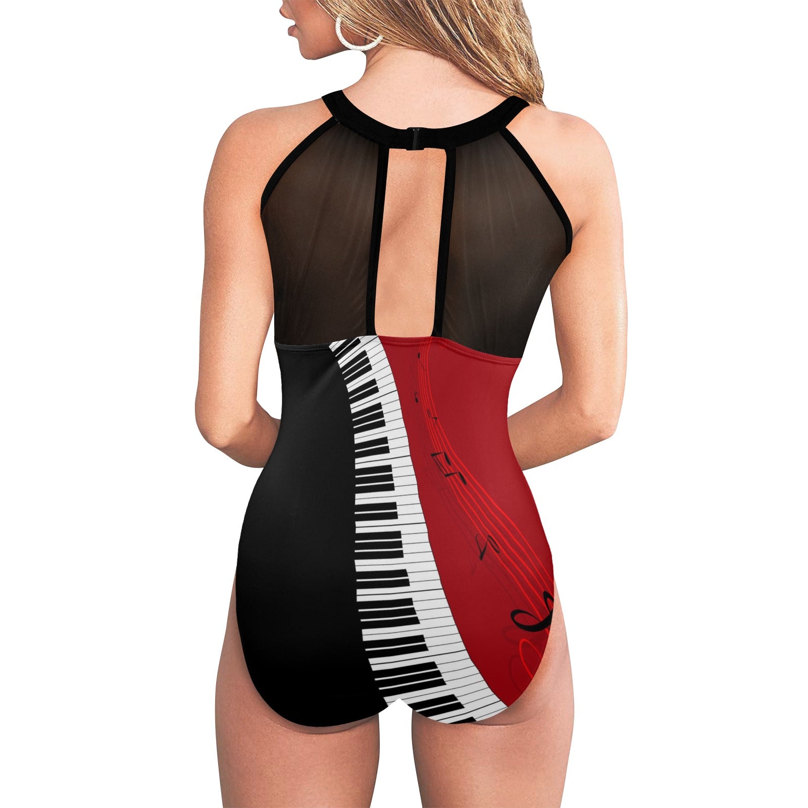 Piano Queen High Neck Mesh Ruched Swimsuit