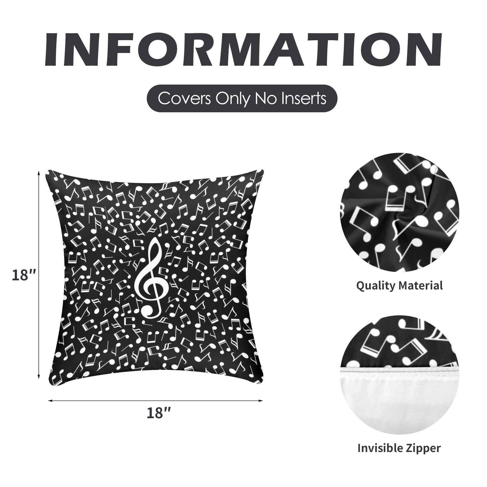 Music Notes Black Peach Skin Pillowcase (18"x18")