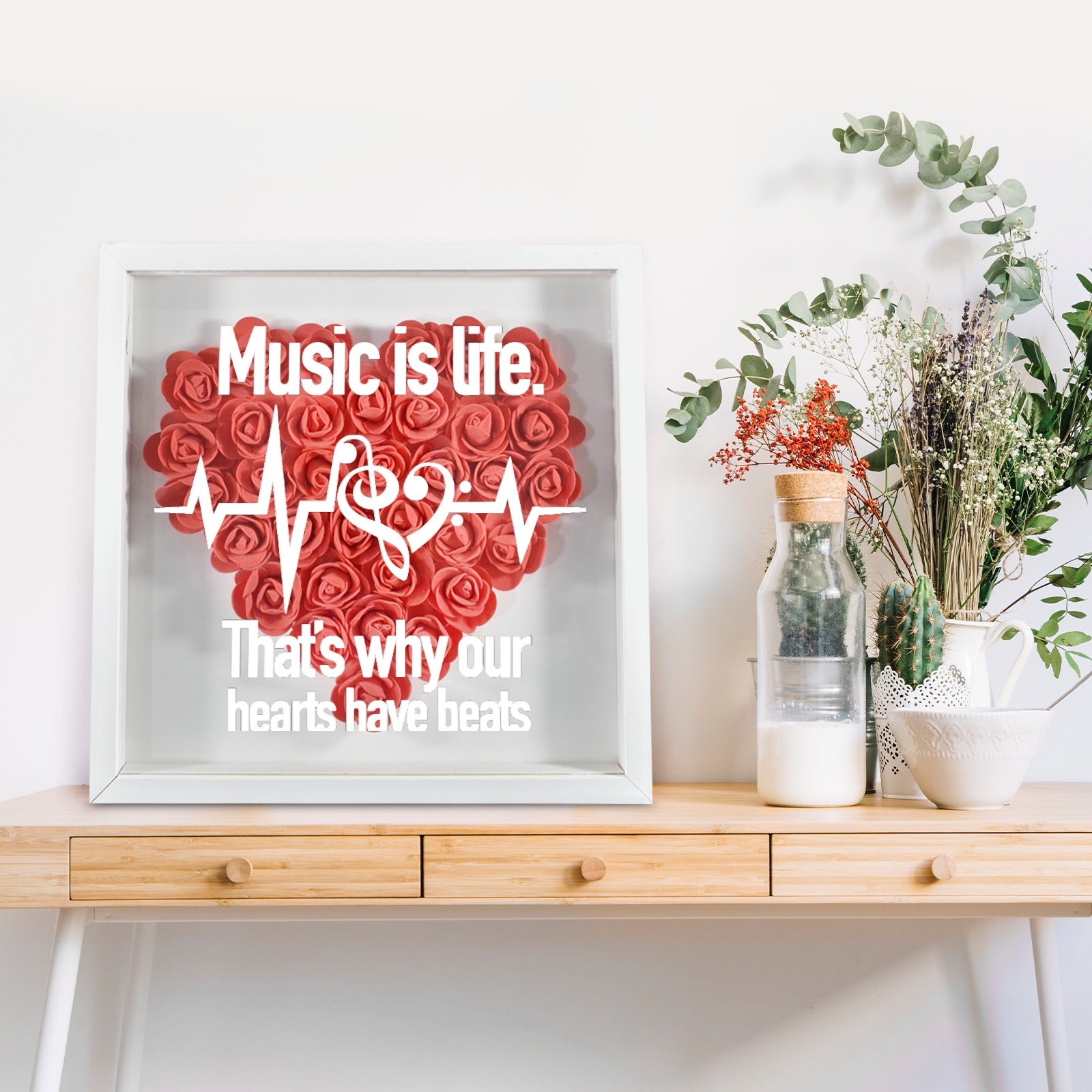 Music Is Life Heartbeats Flower Shadow Box Decor