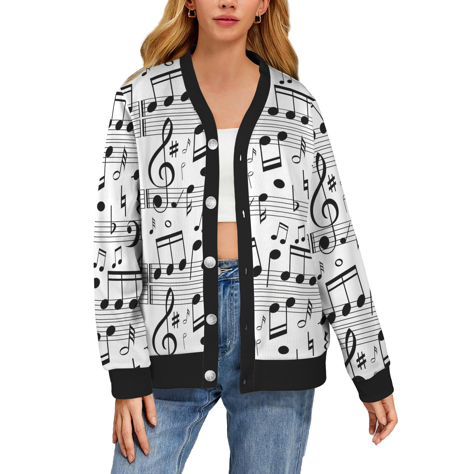 Music Scores White Print Button Up Women's Cardigan