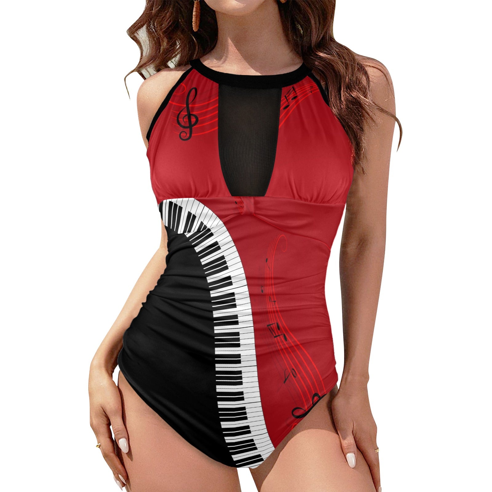 Piano Queen High Neck Mesh Ruched Swimsuit