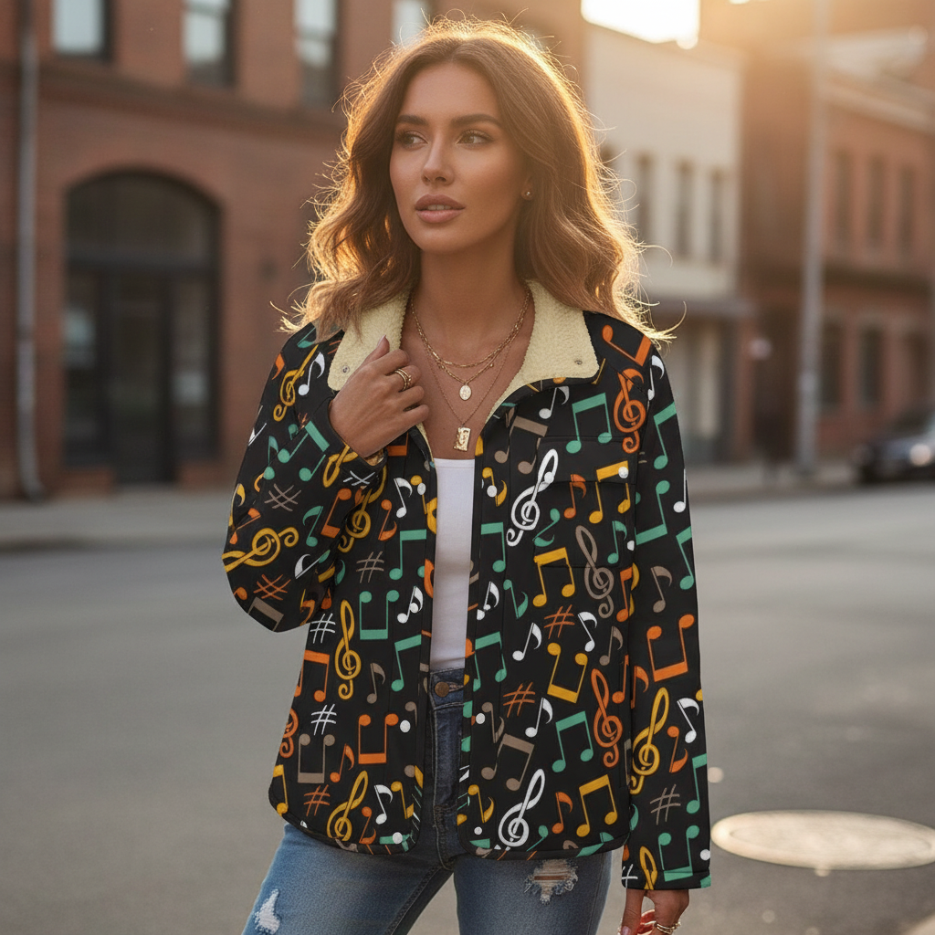 Music Theme Women's Stand Collar Fleece Jacket