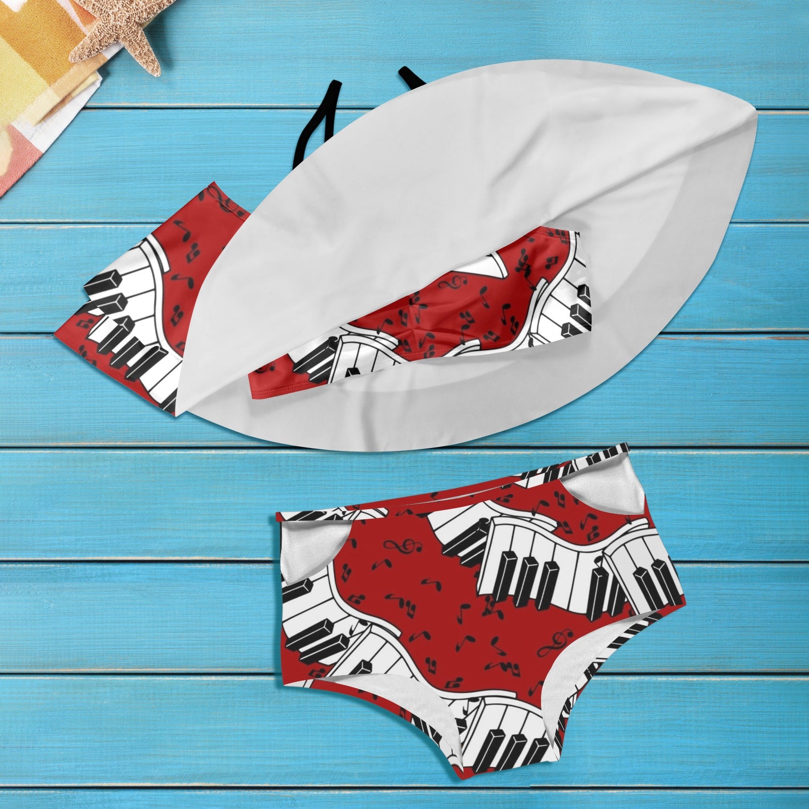 Red Spiral Piano Ruffle Off Shoulder Bikini