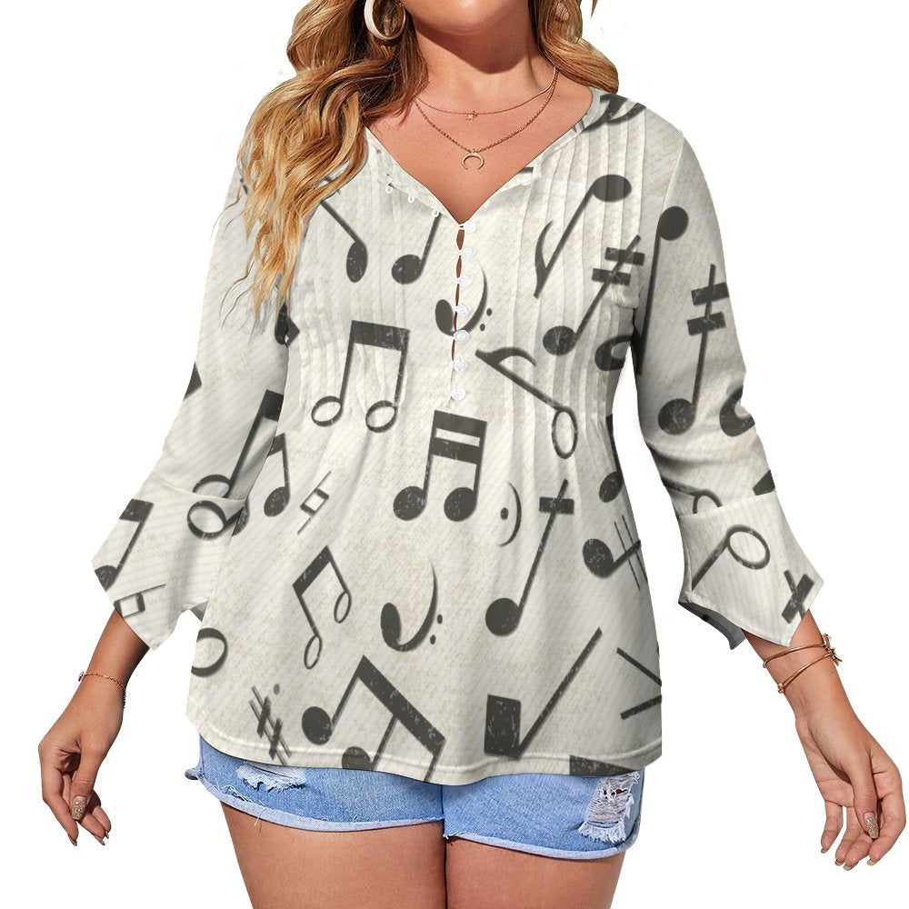 Vintage Music Button Up Ruffled Petal Sleeve Top