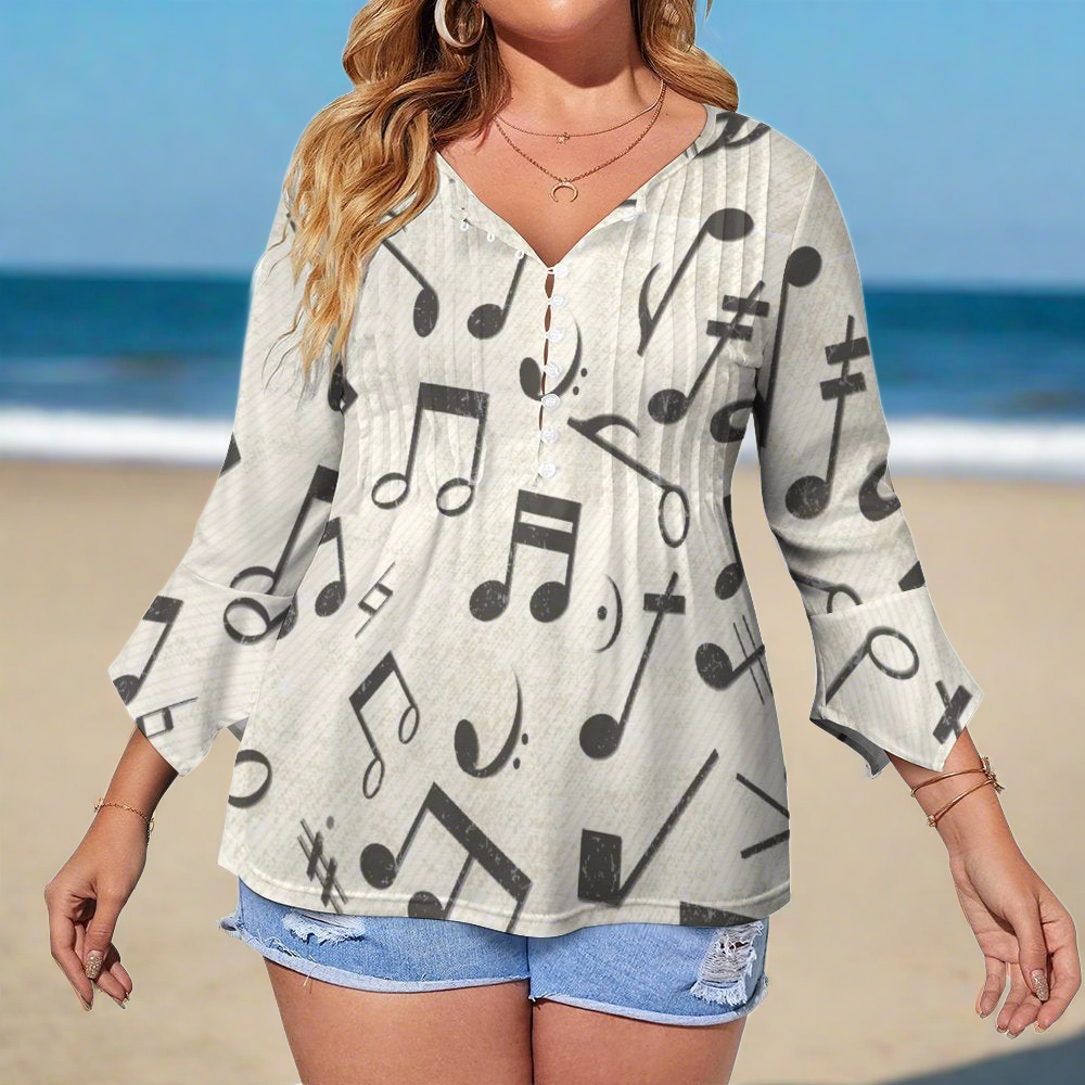 Vintage Music Button Up Ruffled Petal Sleeve Top