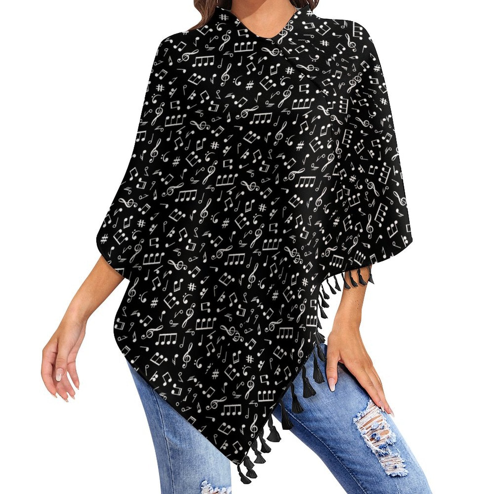 Classic Music Print Fringed Cape