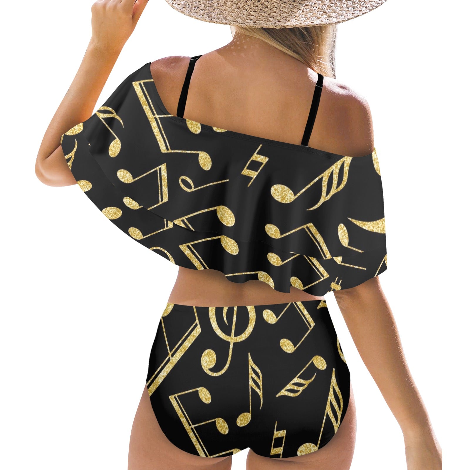 Golden Music Notes Ruffle Off Shoulder Bikini
