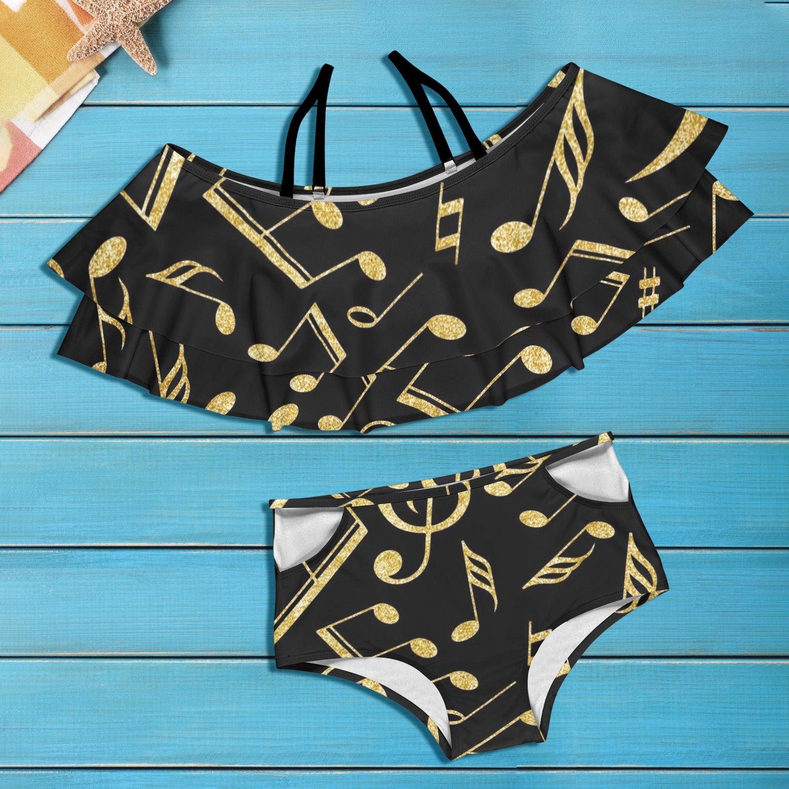 Golden Music Notes Ruffle Off Shoulder Bikini