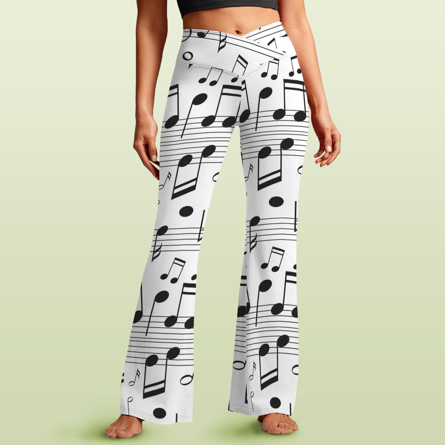 Music White Crossover High Waist Flare Leggings