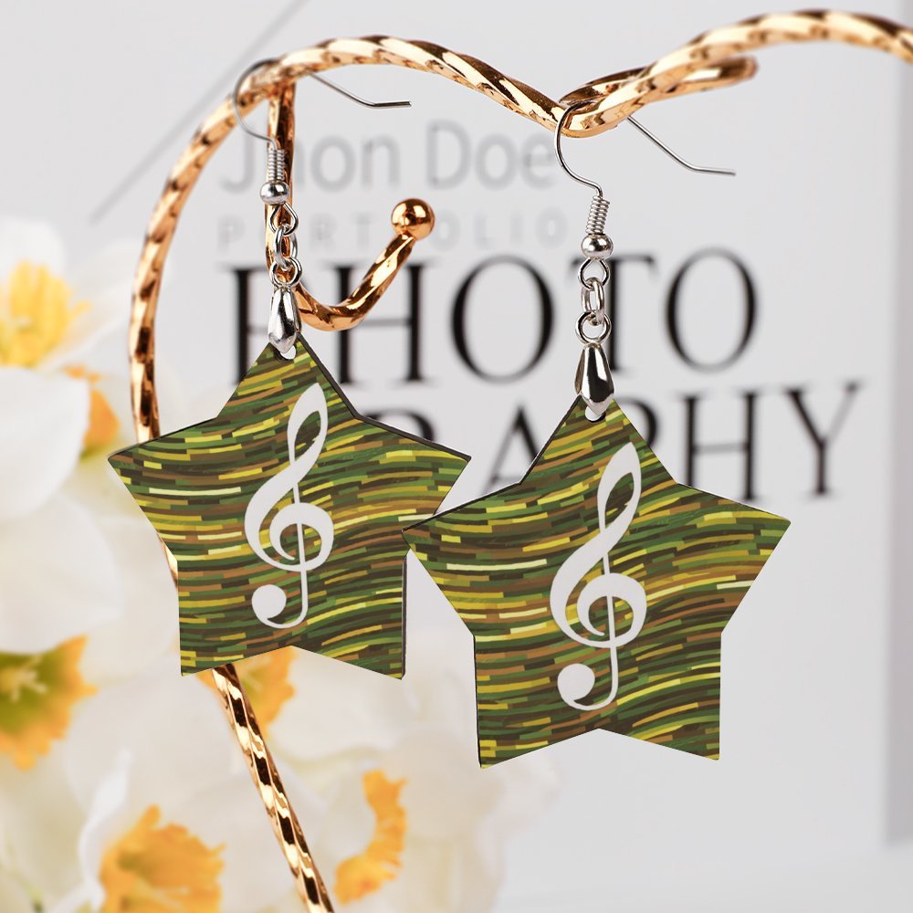 Green Music Star Shape Wooden Earrings