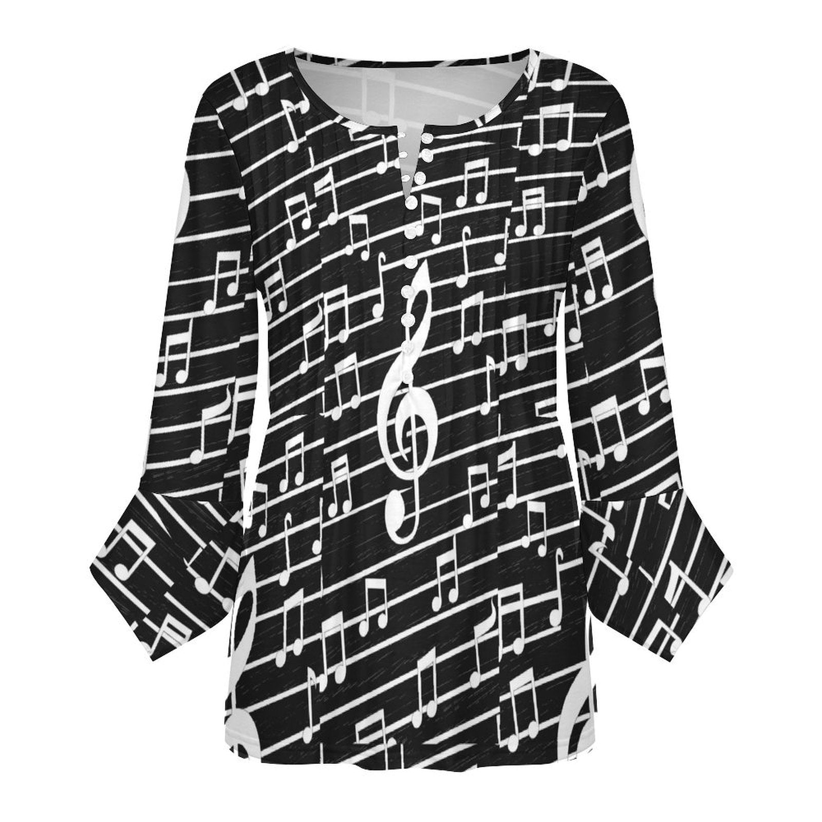 Black Style Music Button Up Ruffled Petal Sleeve Top