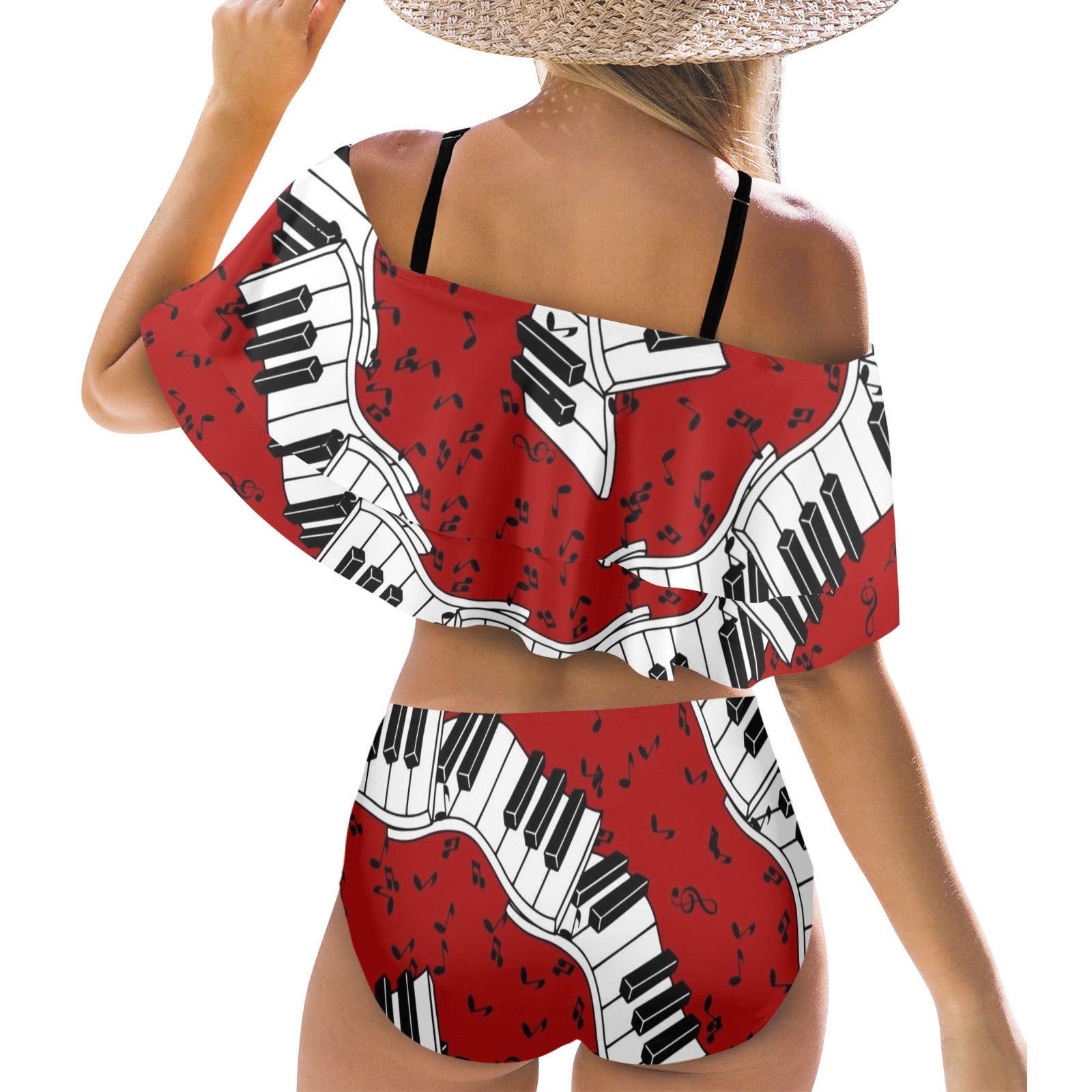 Red Spiral Piano Ruffle Off Shoulder Bikini