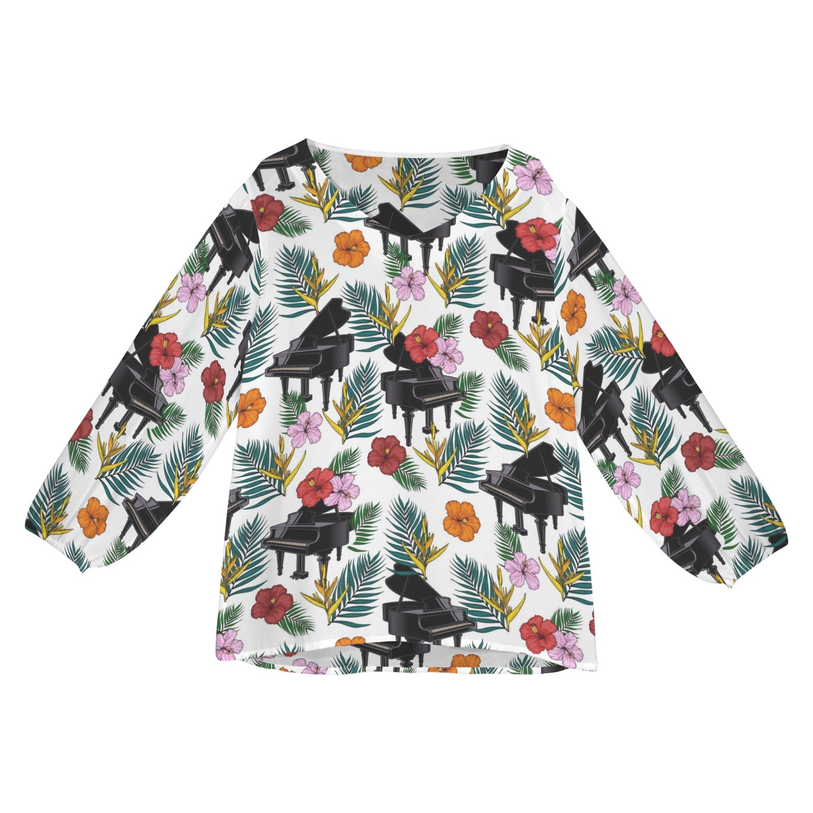 Piano Floral Print V-Neck Puff Sleeve Top
