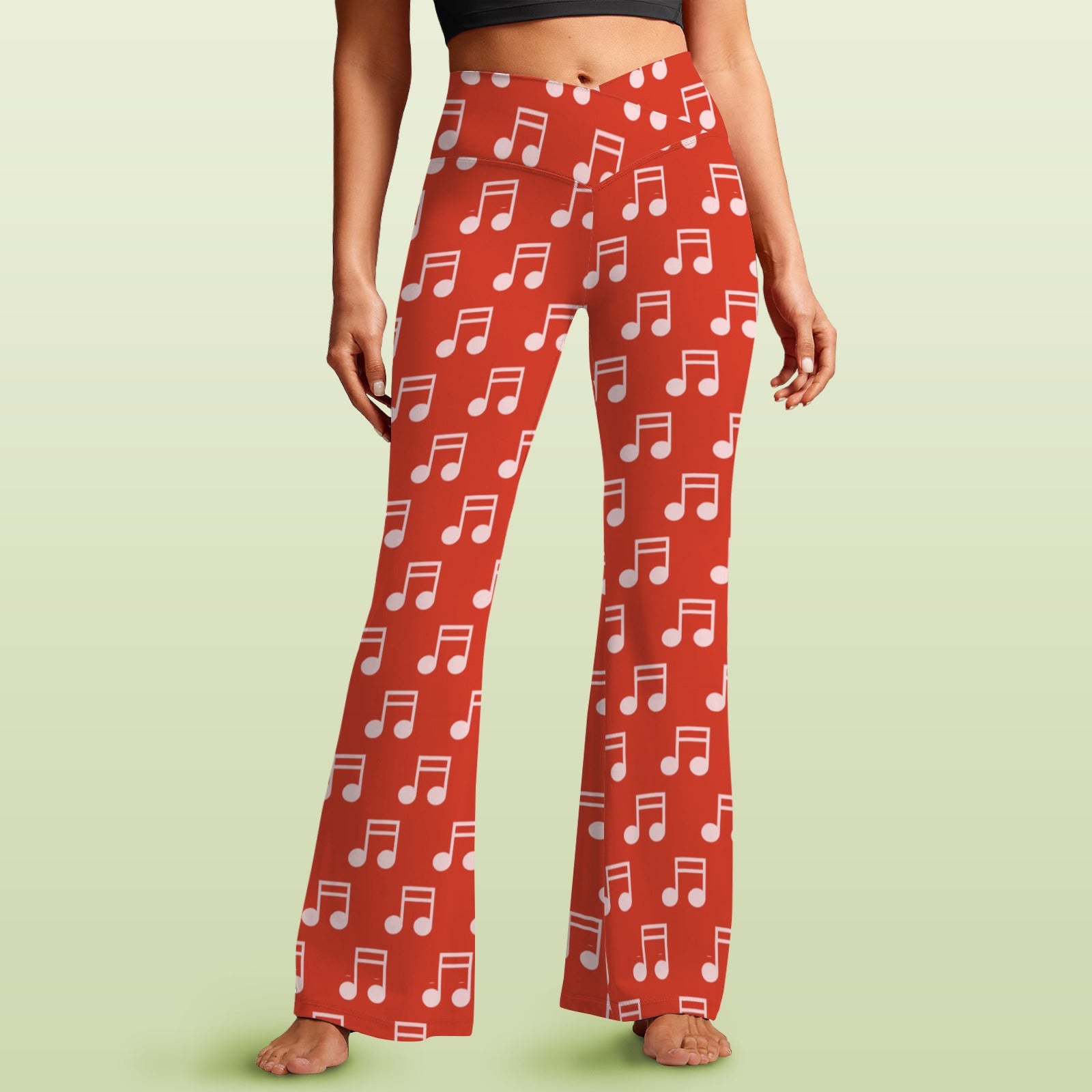 Red Music Notes Crossover High Waist Flare Leggings
