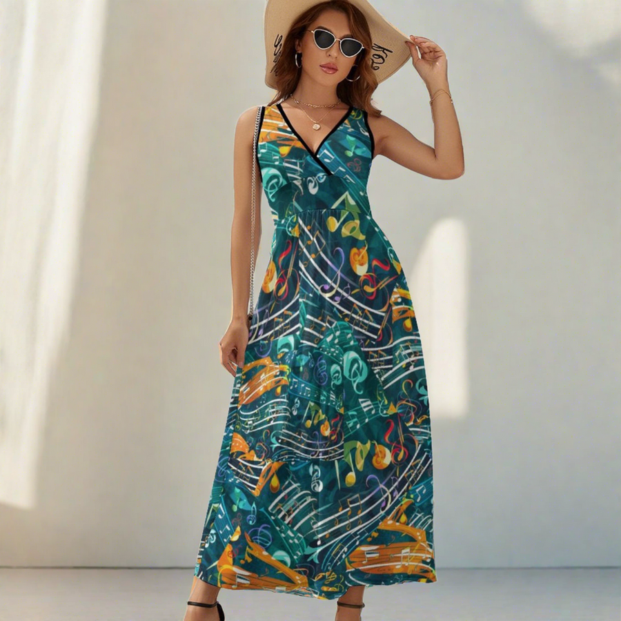 Artistic Music Notes Sleeveless Long Dress