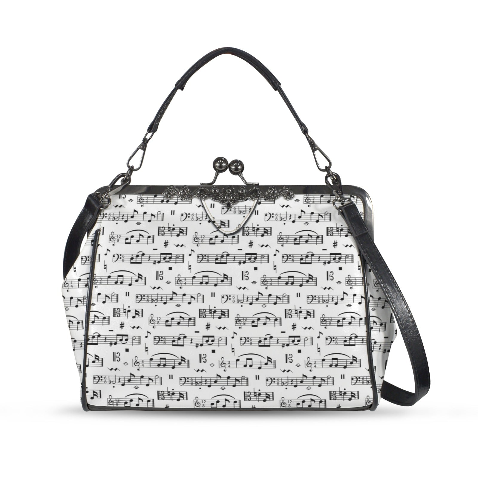 Music Pattern White Kisslock Two-Way Handbag