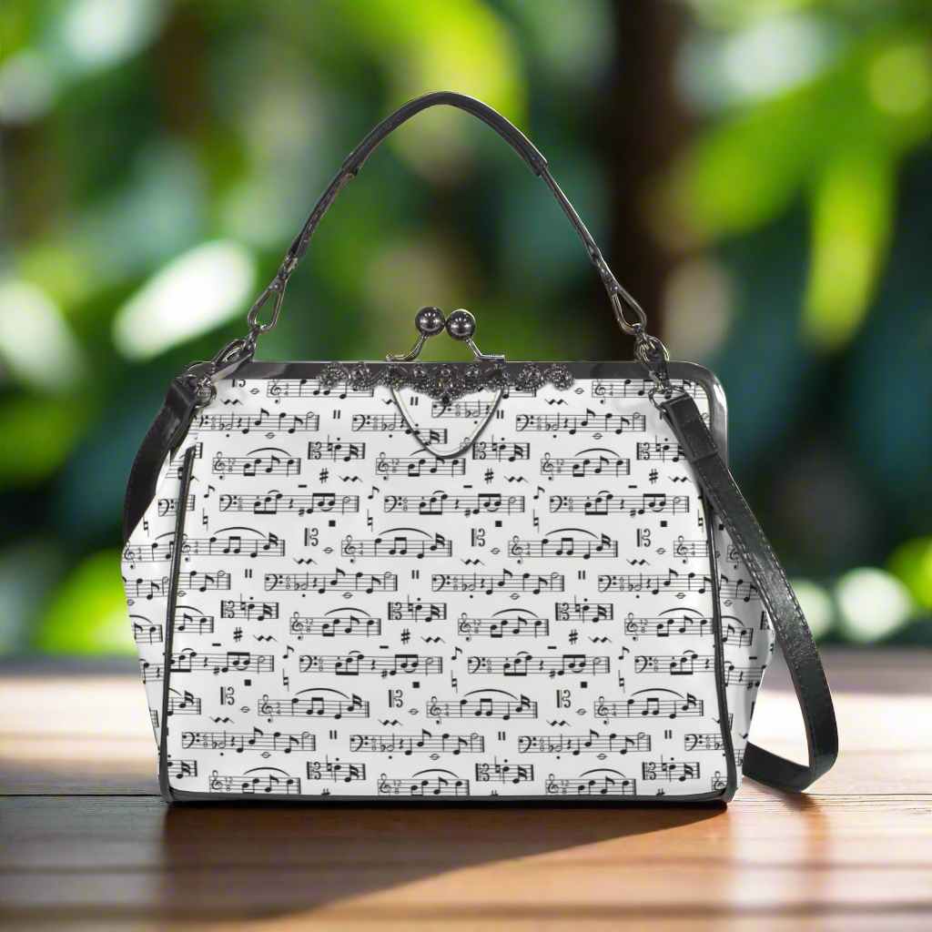Music Pattern White Kisslock Two-Way Handbag