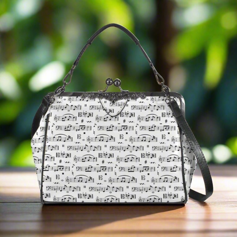 Music Pattern White Kisslock Two-Way Handbag