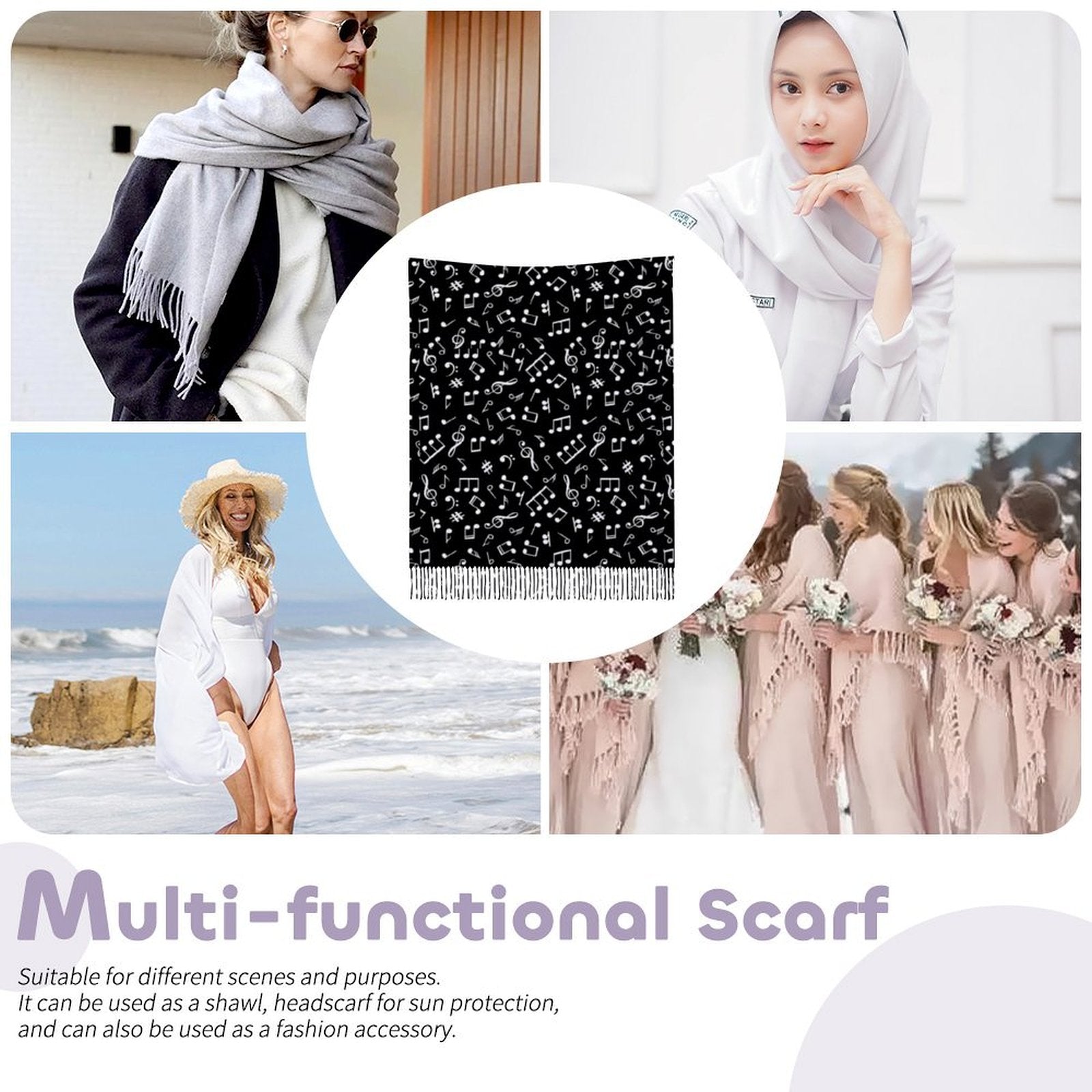 Music Notes Tassel Scarf