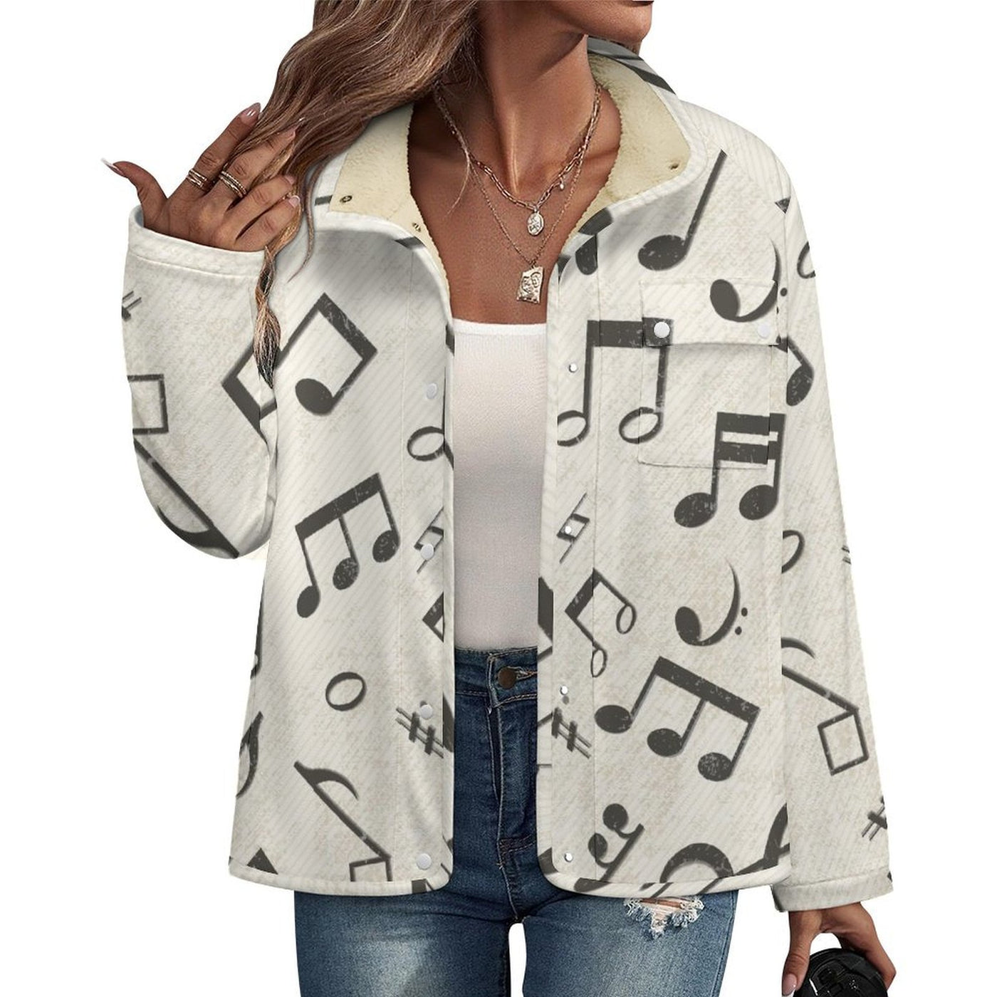 Music Pattern Beige Women's Stand Collar Fleece Jacket
