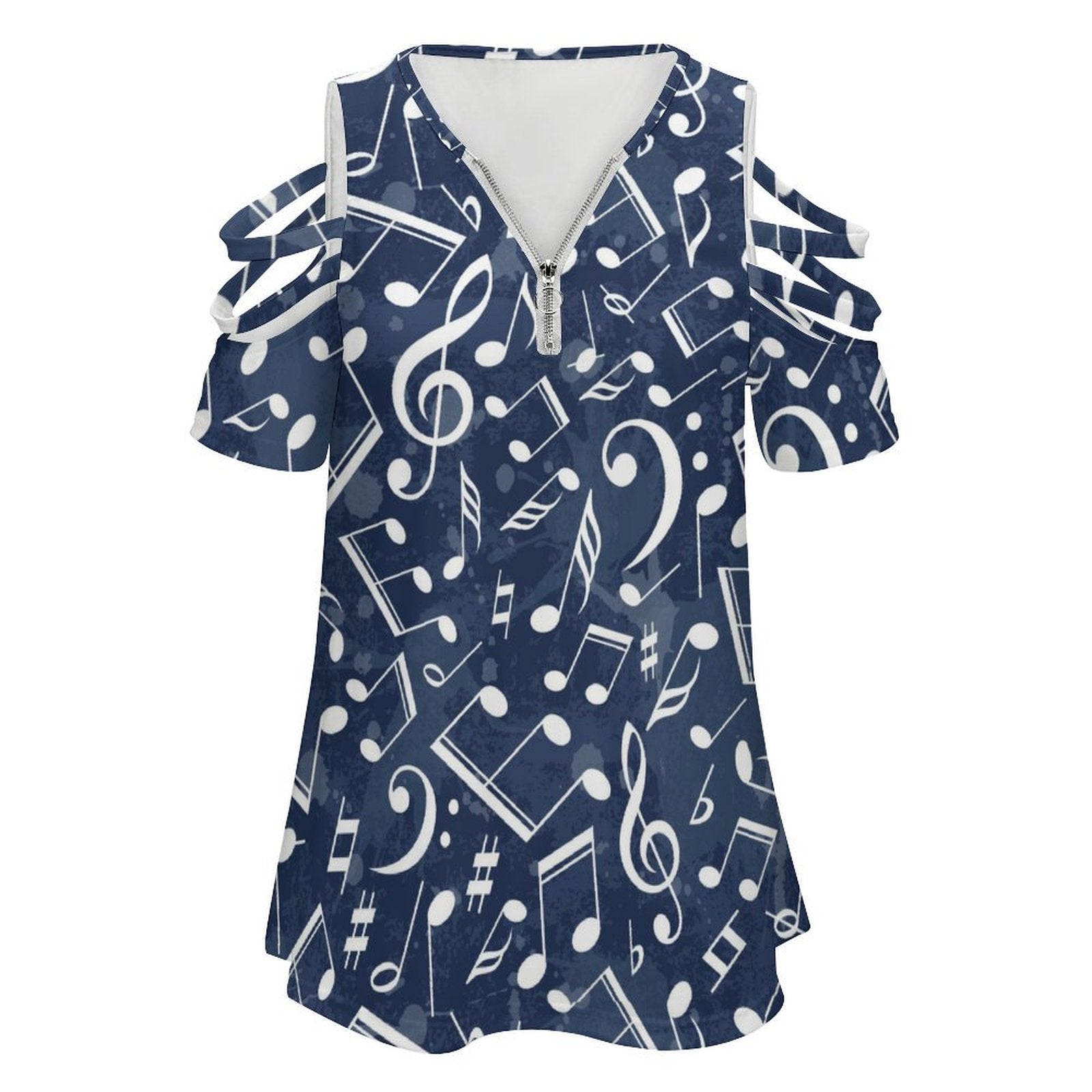 Music Ocean Zip V-Neck Off Shoulder Top