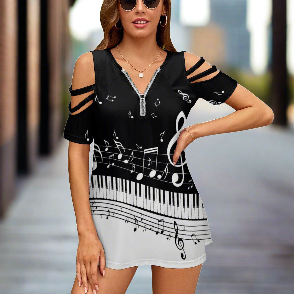 Piano Black Zip V-Neck Off Shoulder Top