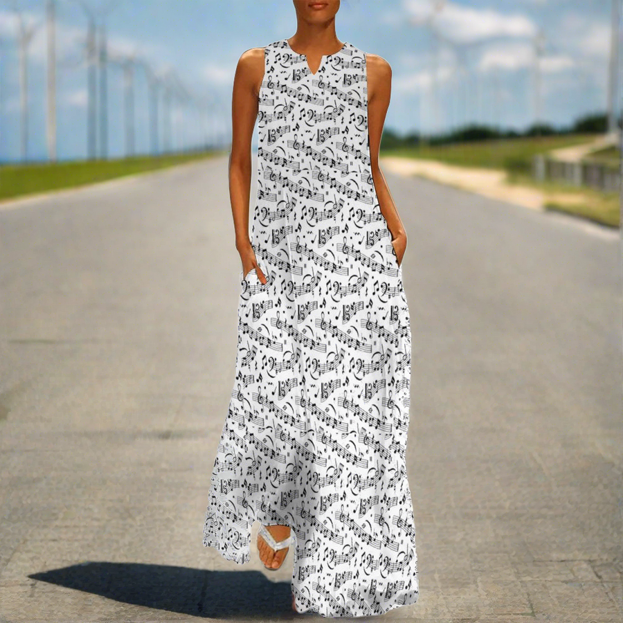 Music Scores White Sleeveless Long Dress