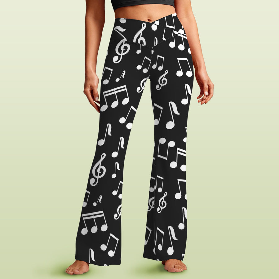 Music Notes Black Crossover High Waisted Flare Leggings