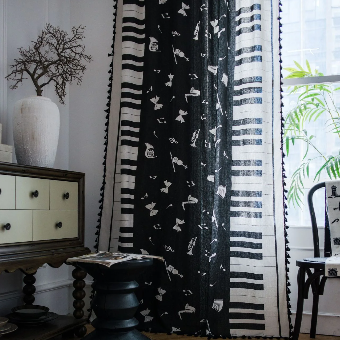 Black Tassels Piano Printed Curtain