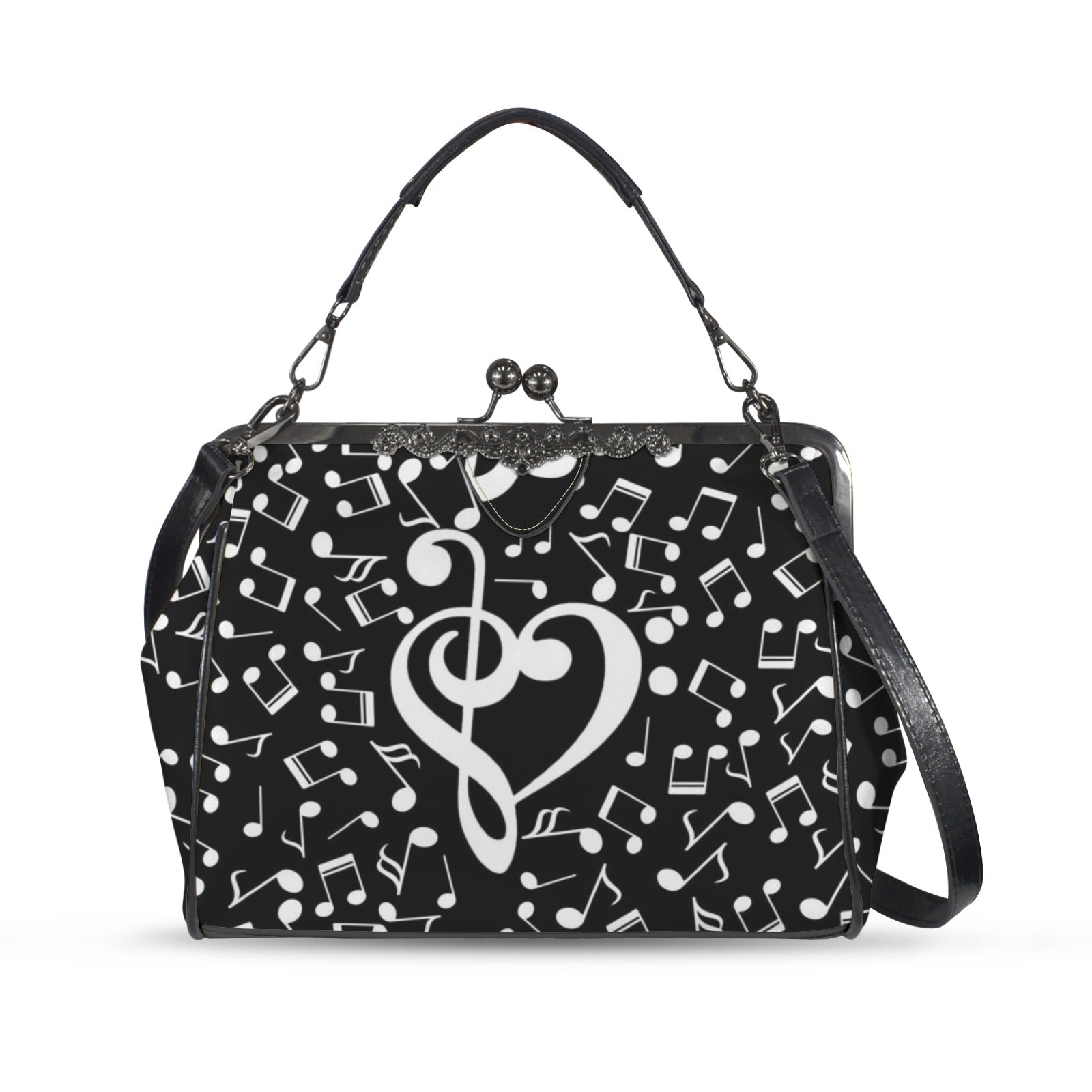 Music Notes Heart Kisslock Two-Way Handbag