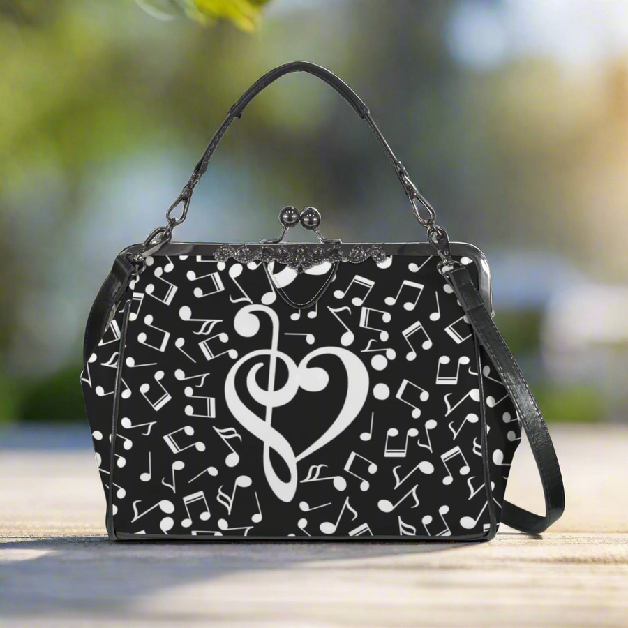 Music Notes Heart Kisslock Two-Way Handbag