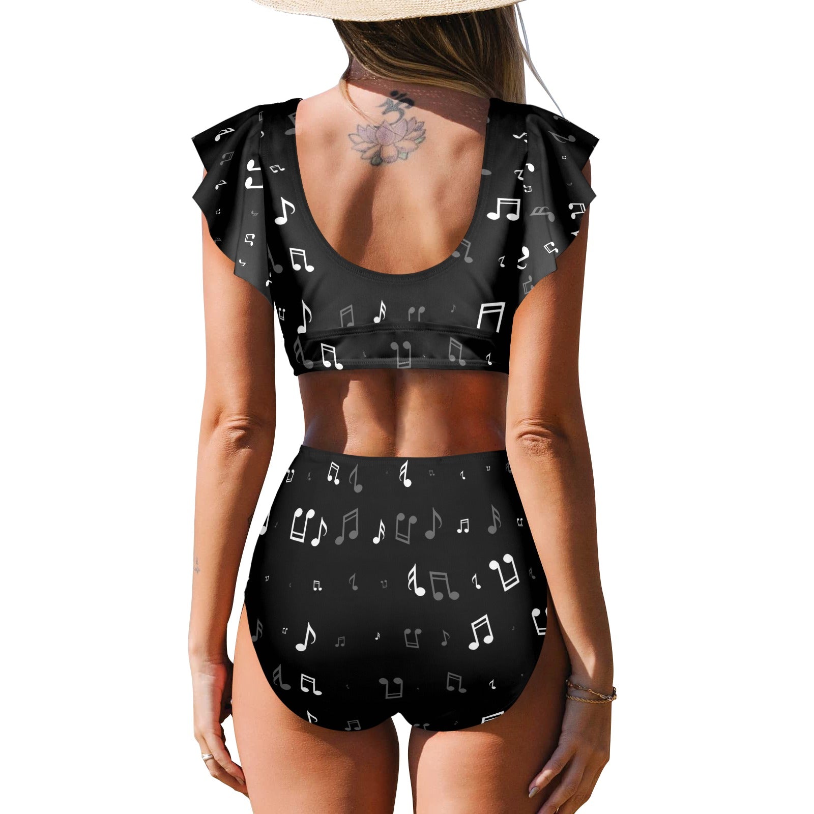 Dark Tone Music Notes Ruffle Sleeve Bikini