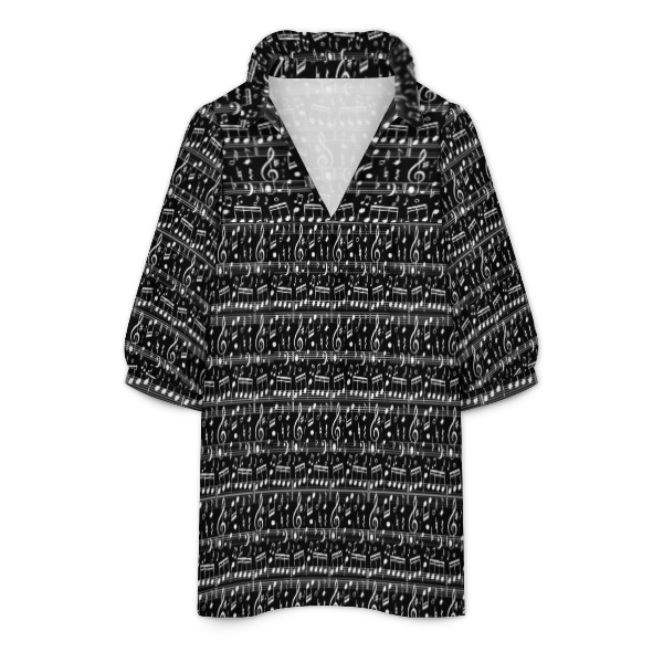 Music Pattern Black Ruffle Collar Blouse