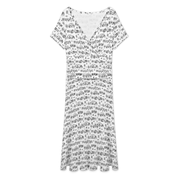Music Notes White V-Neck Midi Dress