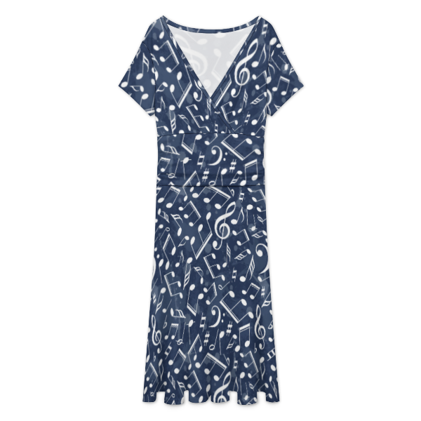 Music Pattern Blue V-Neck Midi Dress