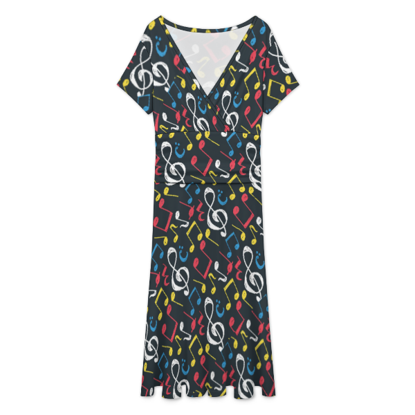 Music Theme Black V-Neck Midi Dress