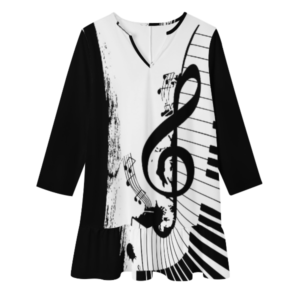 Piano & Treble Clef V-Neck Ruffle Mini Dress