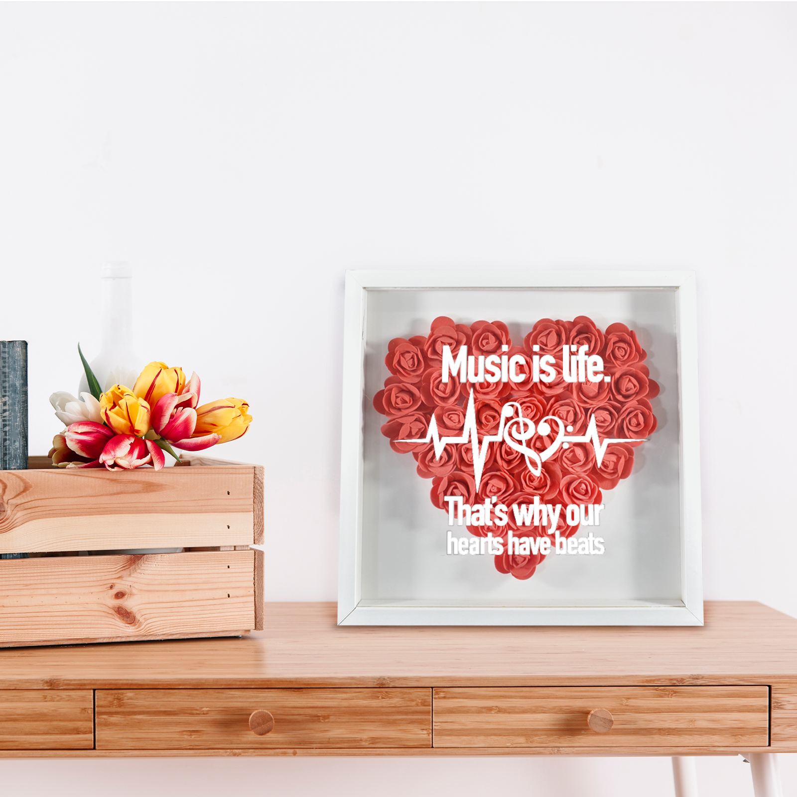 Music Is Life Heartbeats Flower Shadow Box Decor