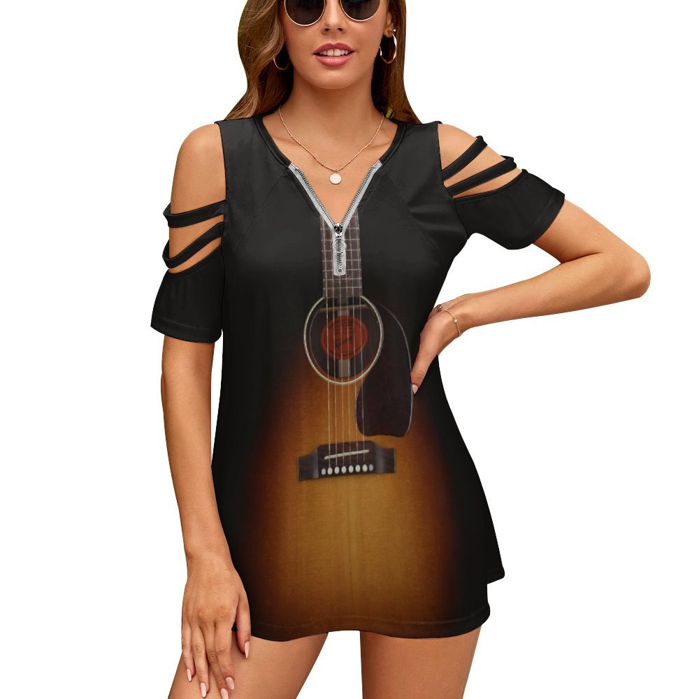 Guitar Zip V-Neck Off Shoulder Top