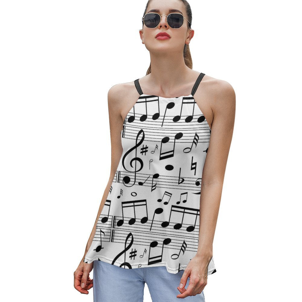 Music Notes Tie Neck Sleeveless Top