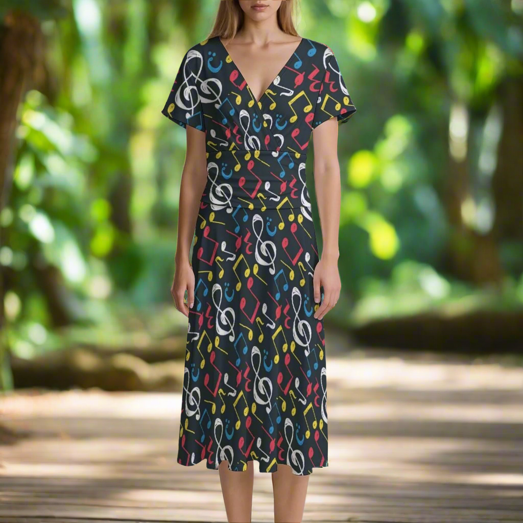 Music Theme Black V-Neck Midi Dress