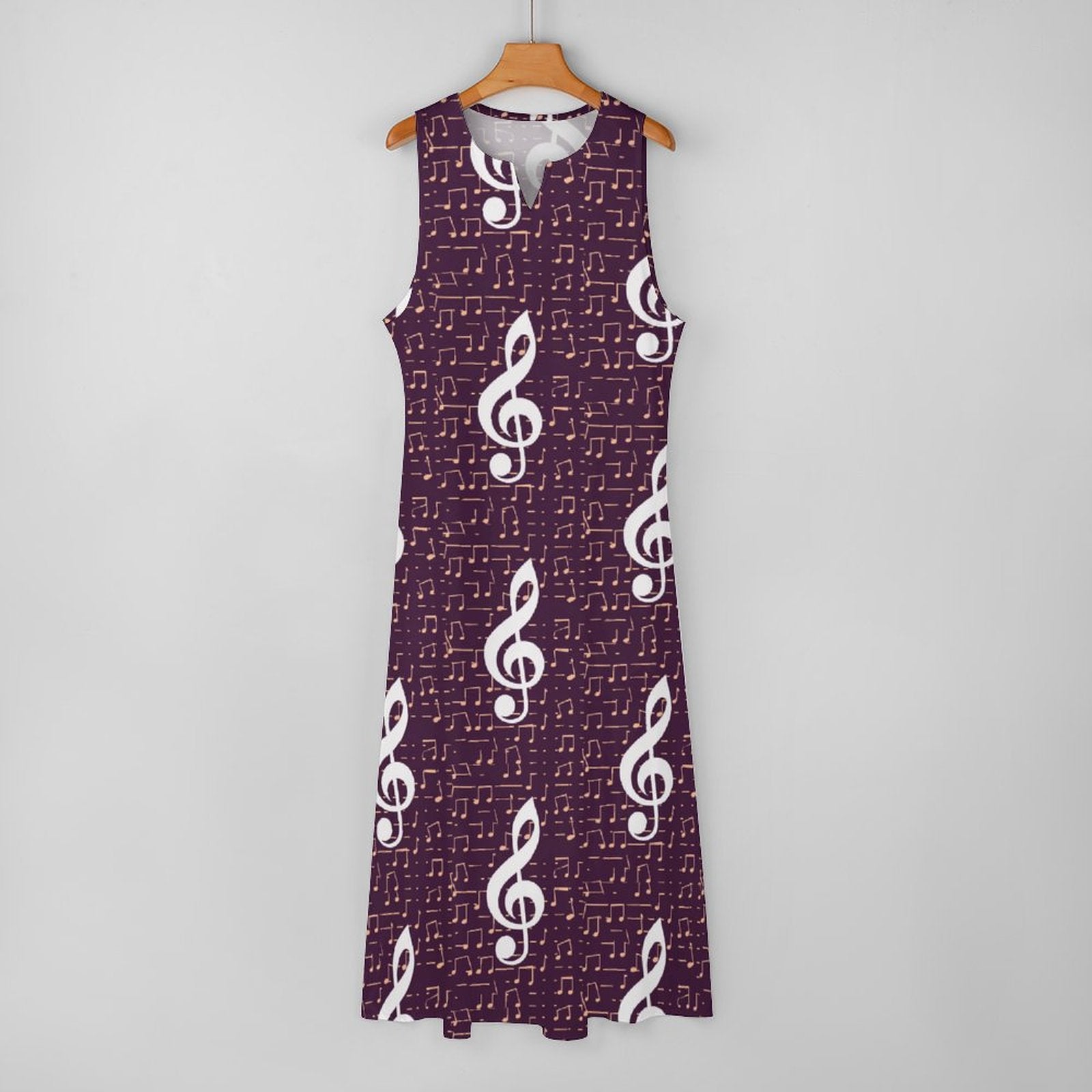 Purple & White Music Print Sleeveless Long Dress