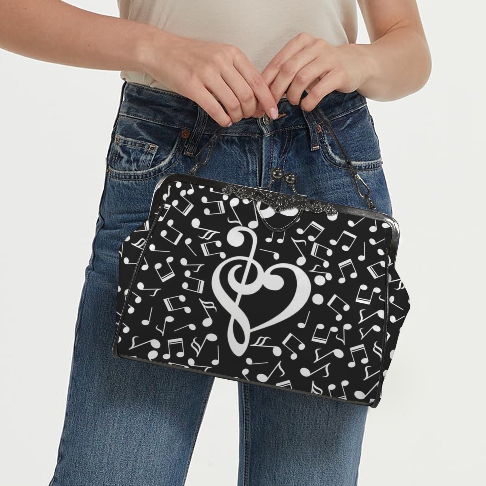 Music Notes Heart Kisslock Two-Way Handbag