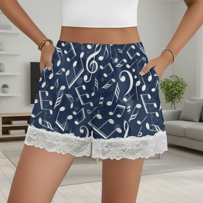 Music Pattern Women’s Lace Trim Pajama Shorts